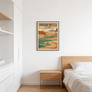 Framing a Green and Beige tennis court wall art print with net lines and desert dunes