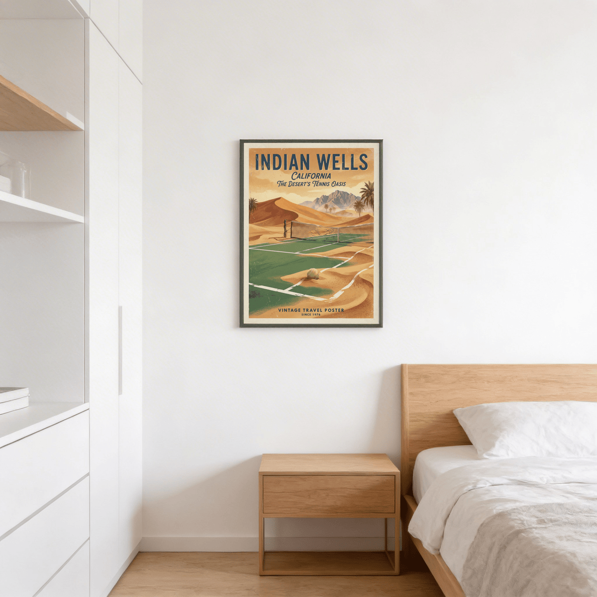 Framing a Green and Beige tennis court wall art print with net lines and desert dunes