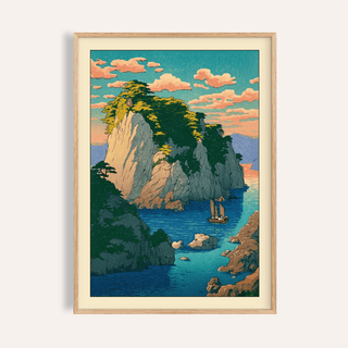 Framed view of Hasui Kawase coastal print poster showing cliffs, inlet, and sailboat