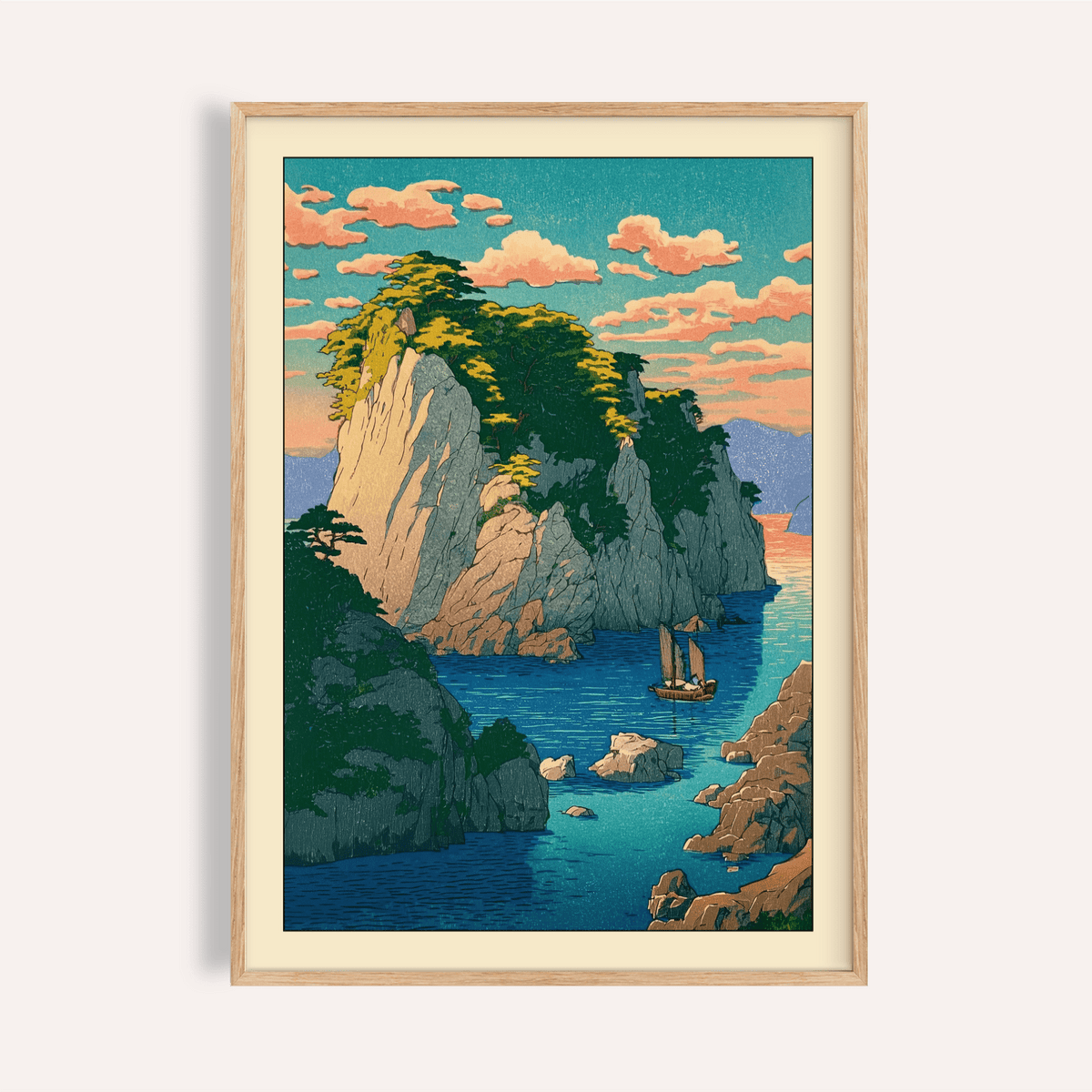 Framed view of Hasui Kawase coastal print poster showing cliffs, inlet, and sailboat