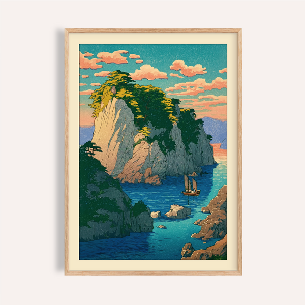 Framed view of Hasui Kawase oastal print poster showing cliffs, inlet, and sailboat