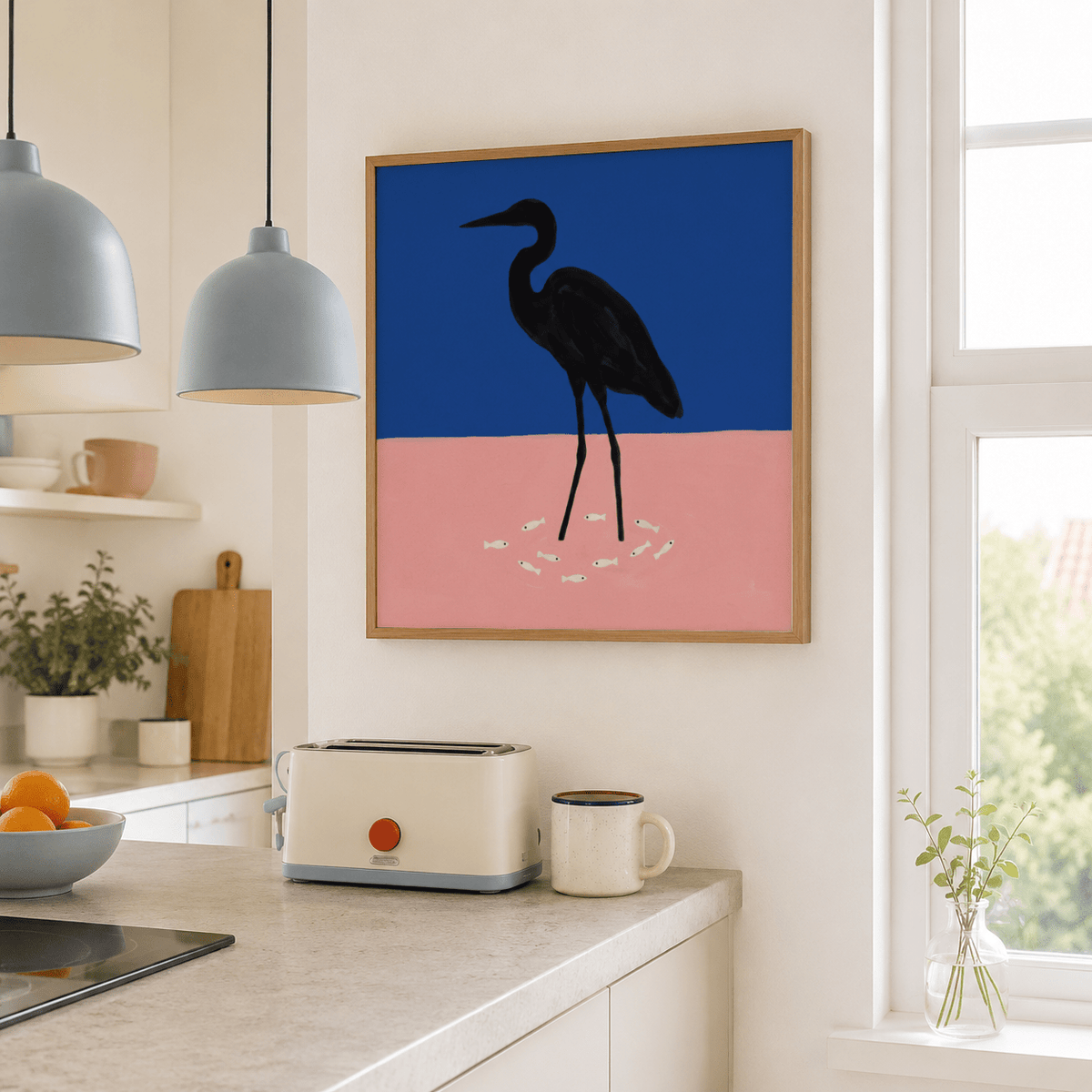 Living room styled vignette featuring framed Heron Art Print on white wall