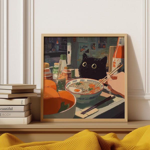 Ramen wall art showing a cozy Japanese diner with bottles, oranges, and noodles.