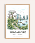 Illustrated Singapore skyline poster with Marina Bay Sands and Supertree Grove above bold Singapore text