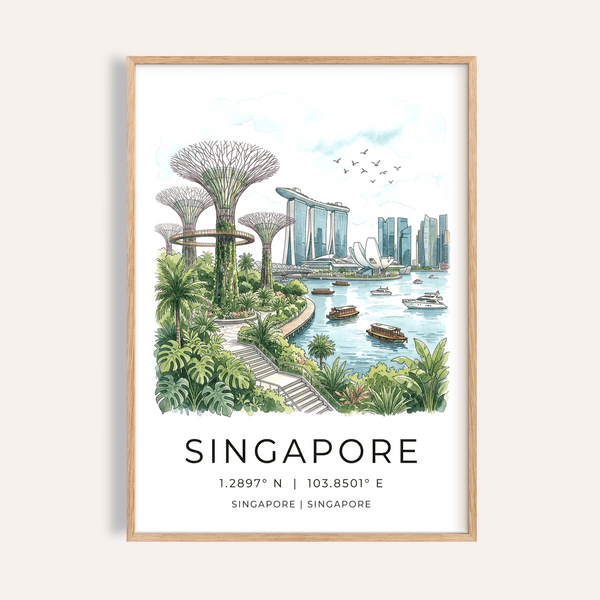 Illustrated Singapore skyline poster with Marina Bay Sands and Supertree Grove above bold Singapore text