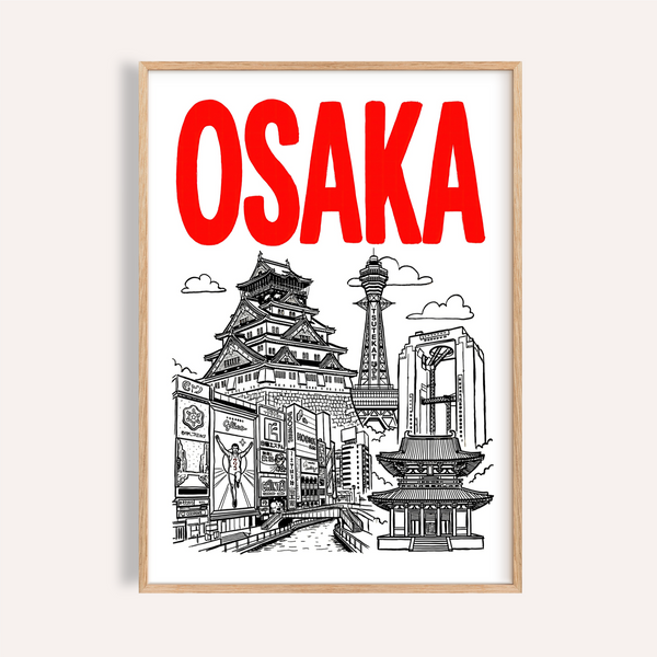 Oversized red OSAKA text above Osaka City Print travel poster line art