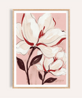 Front view of Flower Print showing two magnolia blooms on pink background