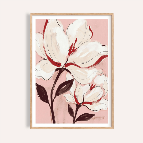 Front view of Flower Print showing two magnolia blooms on pink background