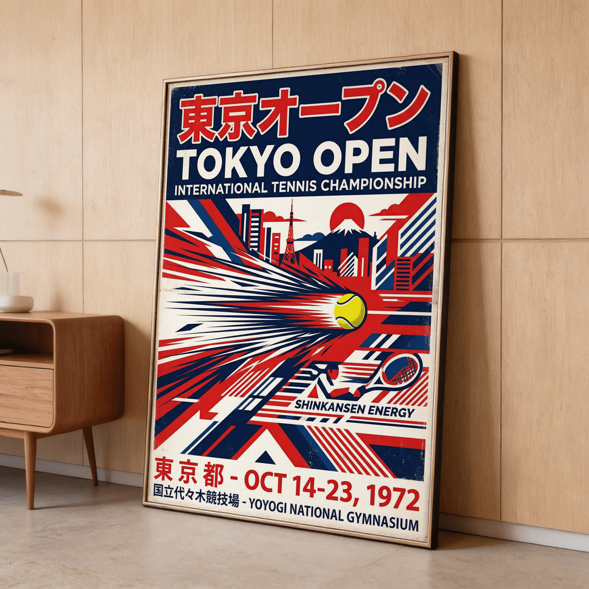 Highlighting Tokyo Open Tennis Print wall art with tennis ball burst and layered geometric stripes
