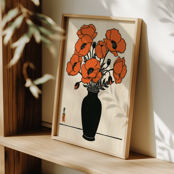 Floral Wall Art Poster using orange, beige, and black for dining room wall art