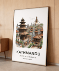 Kathmandu Art Print with stupa, prayer flags, and hillside buildings