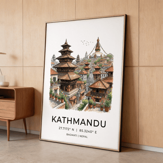 Kathmandu Art Print with stupa, prayer flags, and hillside buildings