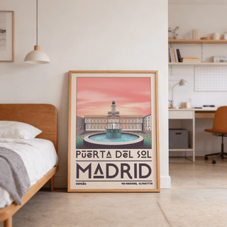 Graphic Puerta del Sol Madrid Landmark Art Print wall art with central fountain and city blocks