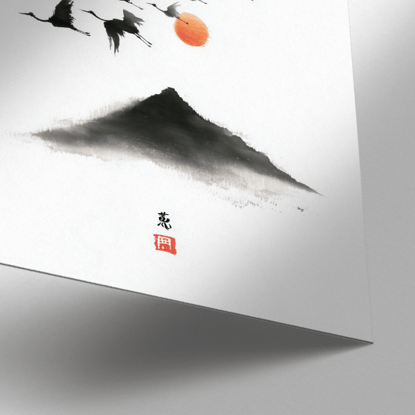 Crane Mountain Art print in gray shades for hallway décor