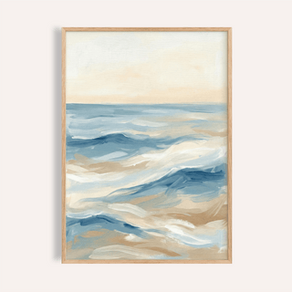 Framed print of coastal wall art set showing abstract blue and beige watercolour waves