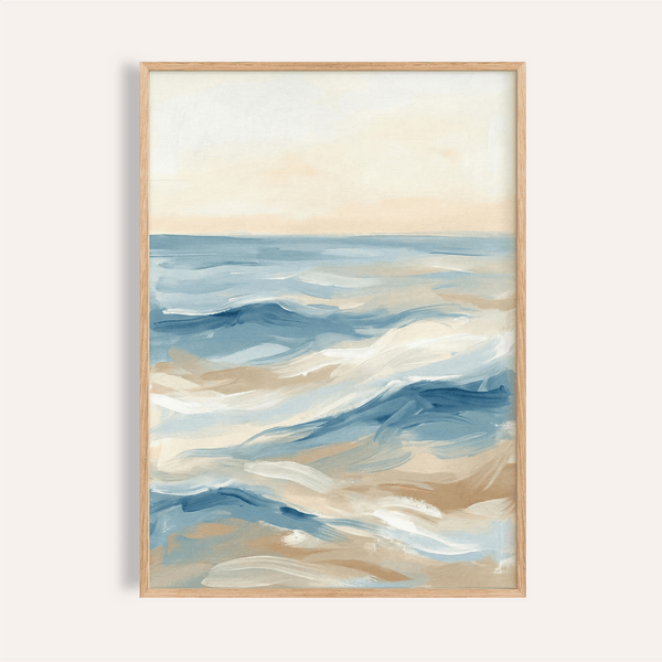 Ocean Wave Art Print in blue, white, and beige for coastal living room wall art