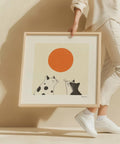 Minimalist cats and sun wall art in Japanese style.