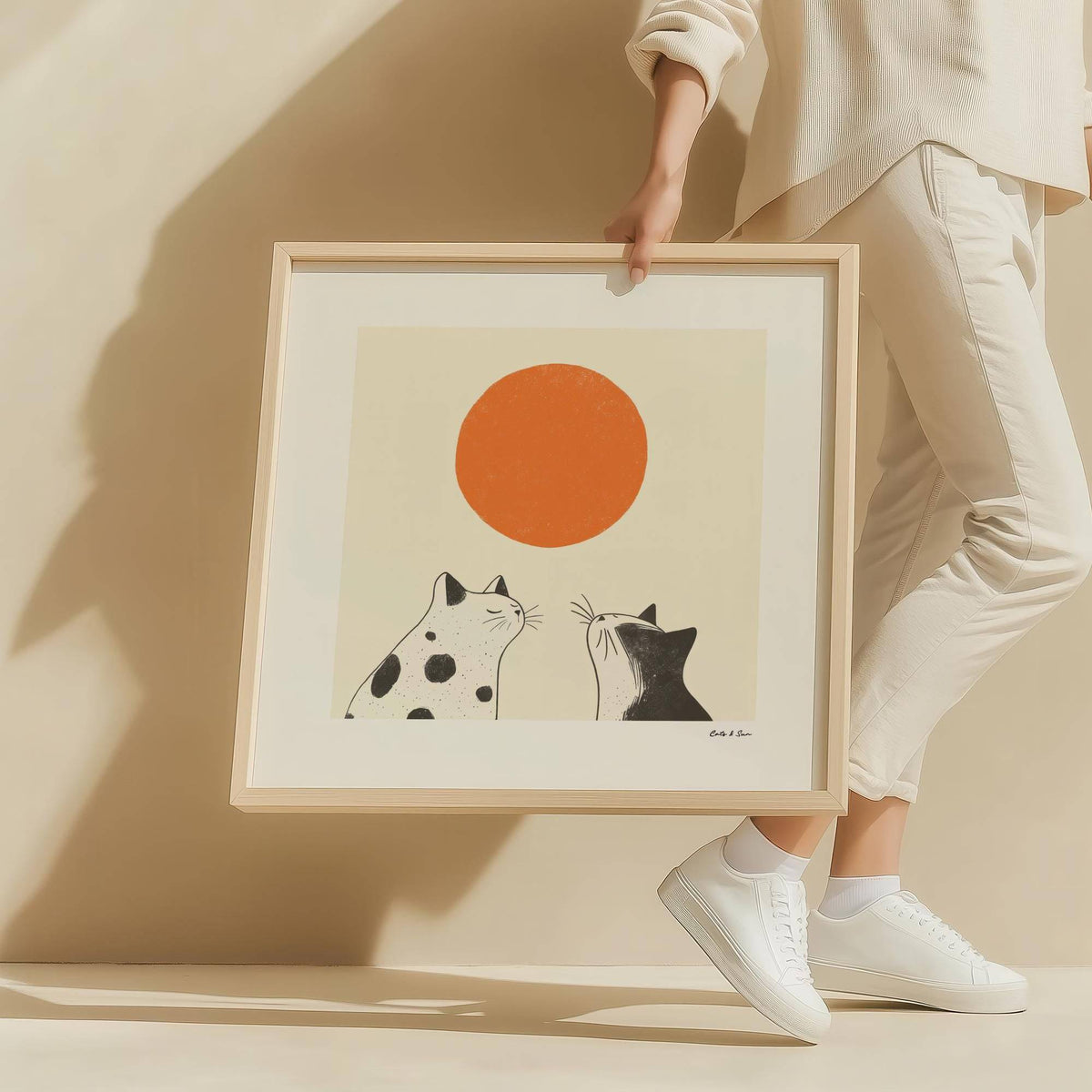 Serene and calming orange cat art print perfect for bedroom decor