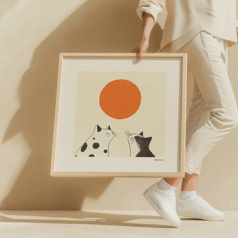 Minimalist cats and sun wall art in Japanese style.