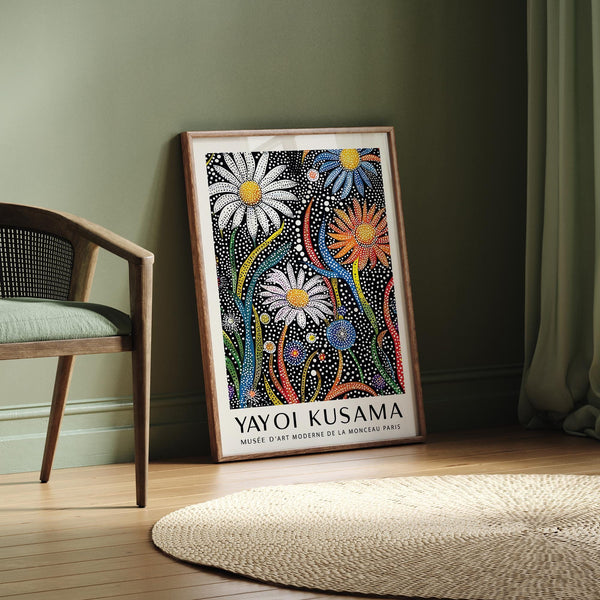 Black background Floral Prints for Framing with large graphic petals and vivid contrast.