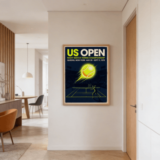 Displaying a tennis championship poster print with oversized headline typography and night-match stadium backdrop