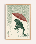 Frog in Rain Art Print with green frog and red umbrella, wall art for living room