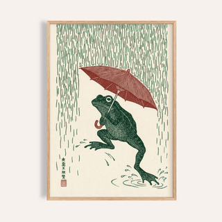 Frog in Rain Art Print with green frog and red umbrella, wall art for living room