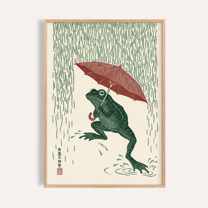 Frog in Rain Art Print with green frog and red umbrella, wall art for living room