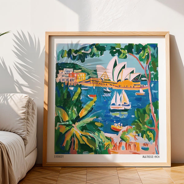 Colorful harbor scene in Matisse Art for Sale featuring palm trees and iconic architecture.