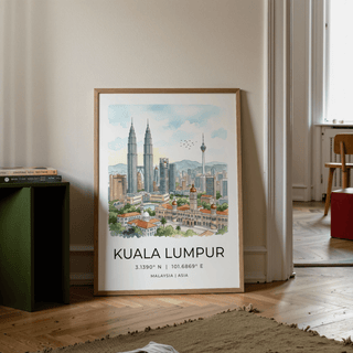 Landscape-format Kuala Lumpur Art Print with modern towers, birds, and hills