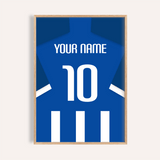 Camiseta de fútbol personalizada - rayas azules y blancas con número blanco — wooden-frame main image