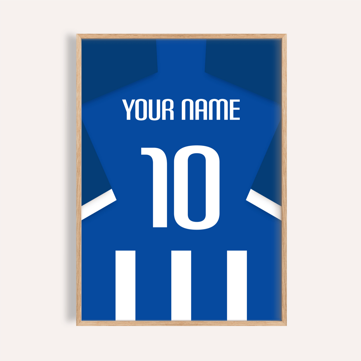 Football Shirt Poster in Blue and White Stripes with White Number