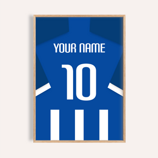 Football Shirt Poster in Blue and White Stripes with White Number