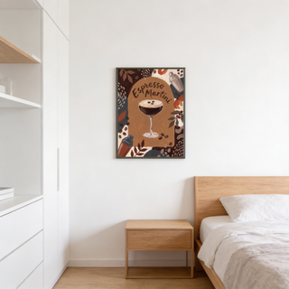 Decorative drink poster showing coffee beans, foliage shapes, and a coupe cocktail glass
