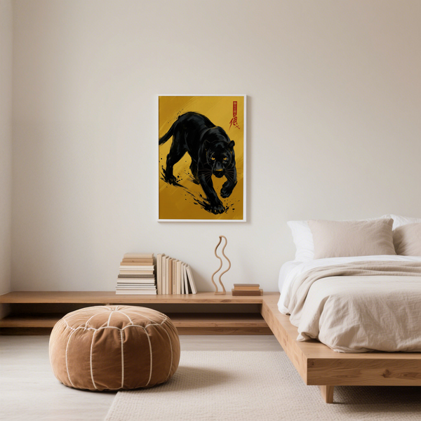 Panther Art Print on yellow, striking black panther for lounge