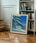 Close-up of Hasui Kawase snowy pines art print showing layered snow on branches