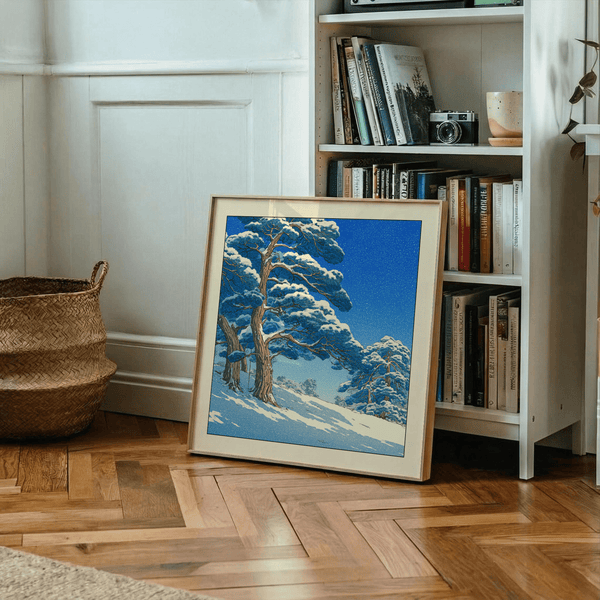 Close-up of Hasui Kawase snowy pines art print showing layered snow on branches