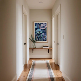 Contemporary Blue and Purple Art with blooming shapes and dotted accents.