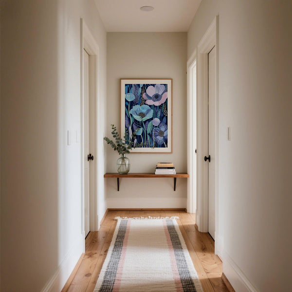 Contemporary Blue and Purple Art with blooming shapes and dotted accents.