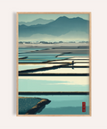 Layered mountain landscape wall art with reflective rice paddies and a small figure on a path