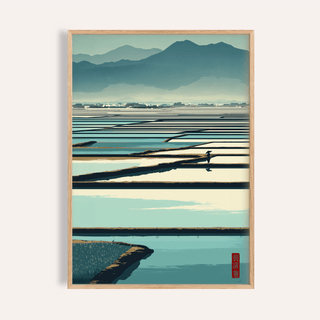 Layered mountain landscape wall art with reflective rice paddies and a small figure on a path