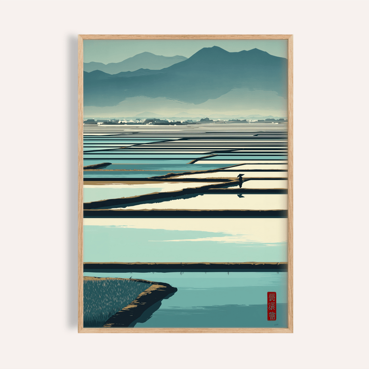 Layered mountain landscape wall art with reflective rice paddies and a small figure on a path