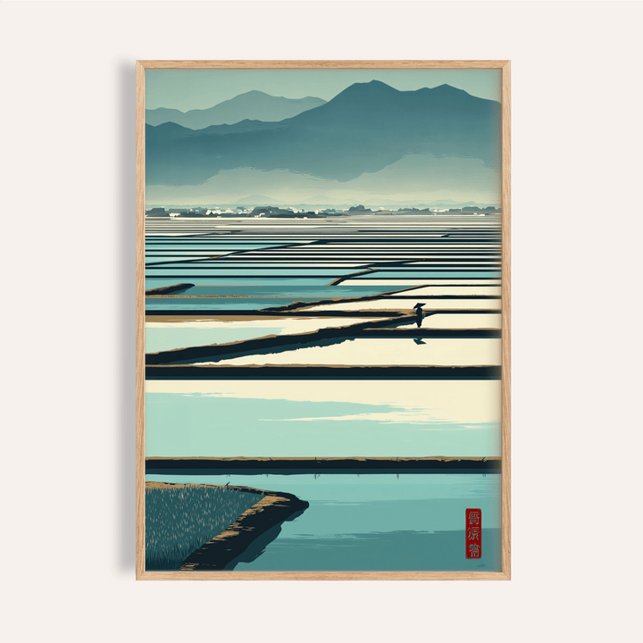 Layered mountain landscape wall art with reflective rice paddies and a small figure on a path