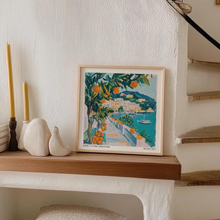 Orange trees and blue sea blend in this expressive piece from Art Prints of Italy.
