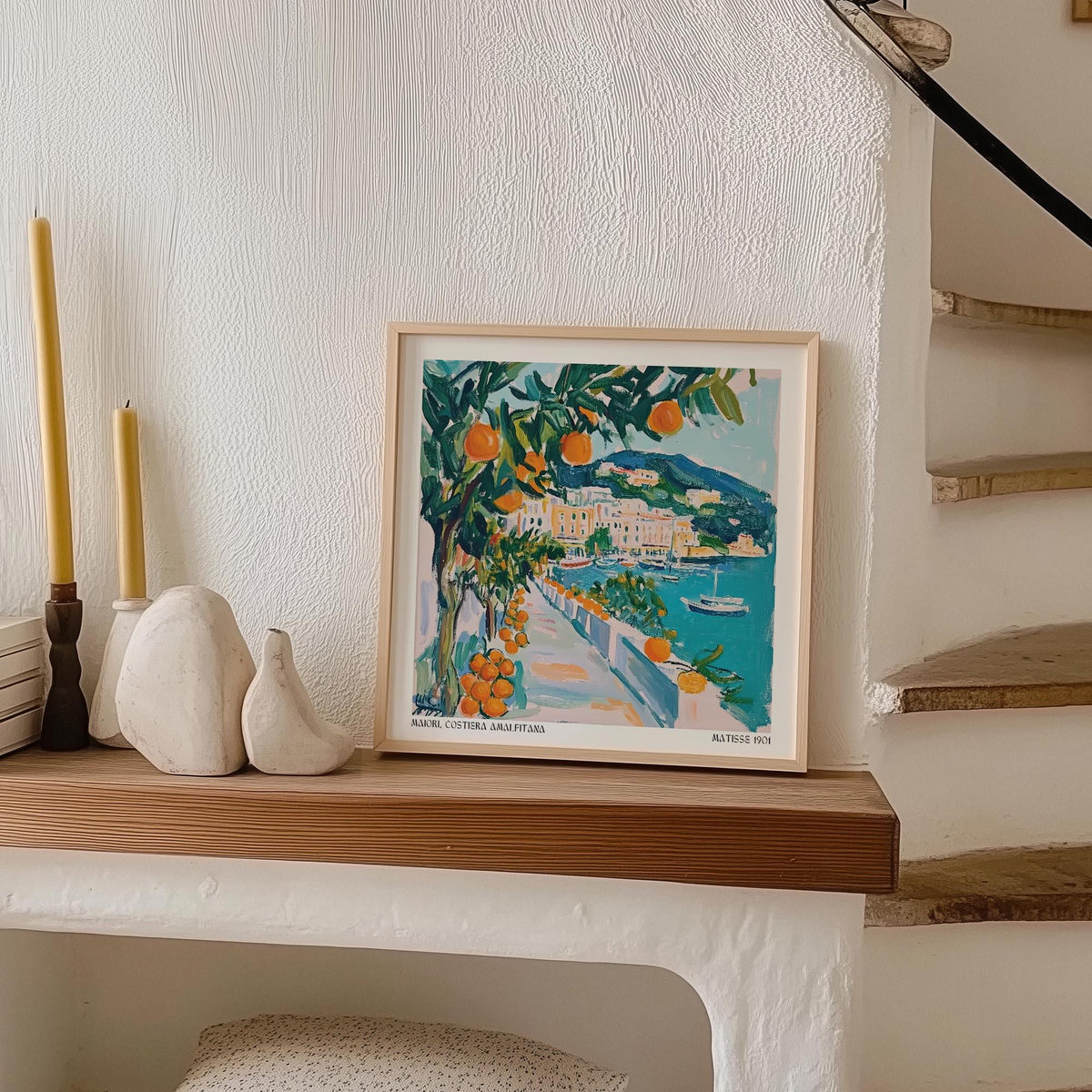 Orange trees and blue sea blend in this expressive piece from Art Prints of Italy.