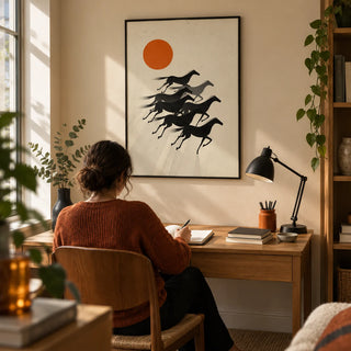 7 Horses Wall Art, framed on the wall of a compact home study in a design-led UK flat with a warm beige wall
