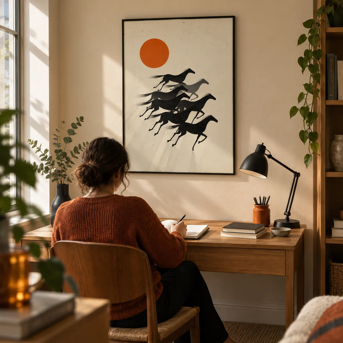 7 Horses Wall Art, framed on the wall of a compact home study in a design-led UK flat with a warm beige wall