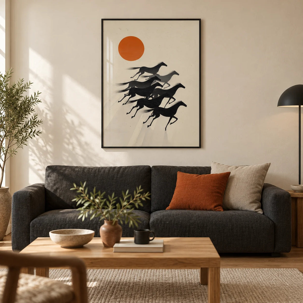 7 Horses Wall Art, framed on the wall of a contemporary living room in a UK terraced house with warm ivory plaster walls and an oak floor