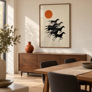 7 Horses Wall Art, framed on the wall of a modern dining room in a UK family home with a warm white wall and pale oak flooring