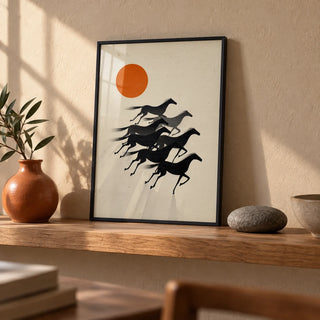 7 Horses Wall Art, a small A4 framed print leaning on an oak shelf in a living room